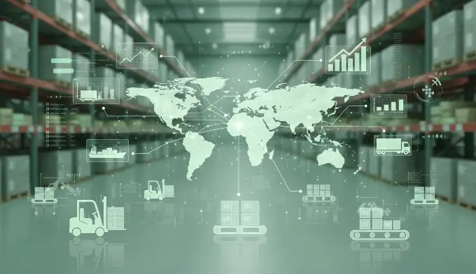 A cargo ship with containers stacked on it, set against a sunset, representing global logistics.